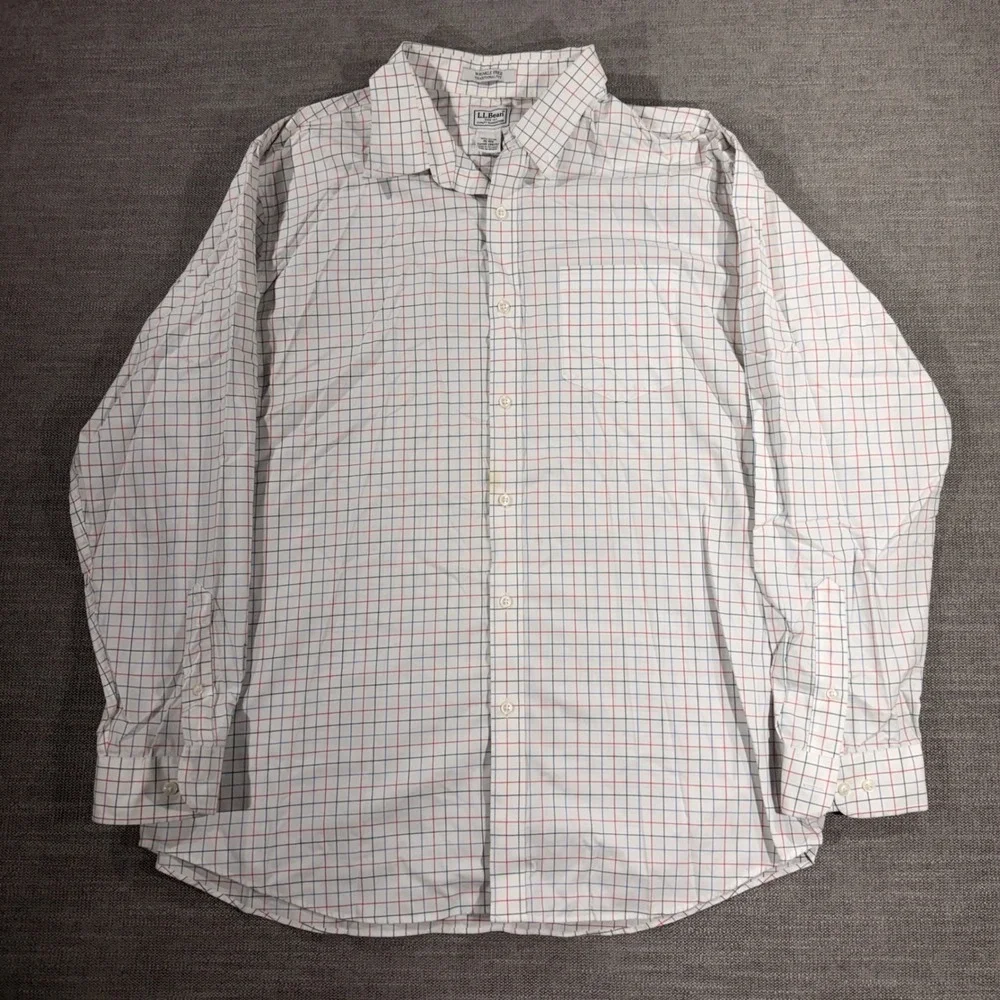LL‎ Bean Button Down Shirt Mens XL White Tattersall Check Good Wrinkle Free